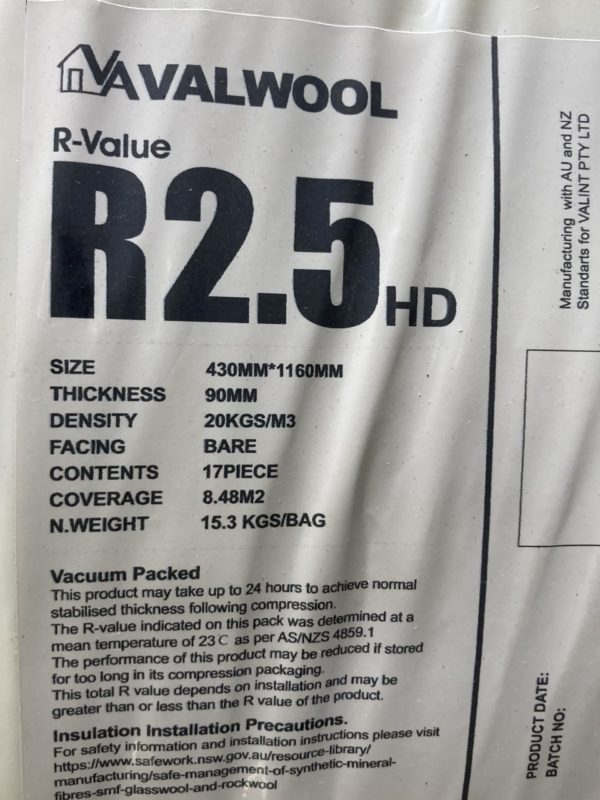 Valwool glasswool acoustic insulation R2.5 HD specs